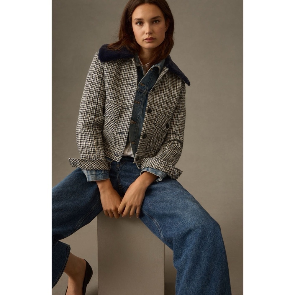 EUC Anthropologie Maeve Tweed Blue Faux Fur-Collar Herringbone Jacket Large - Picture 8 of 10